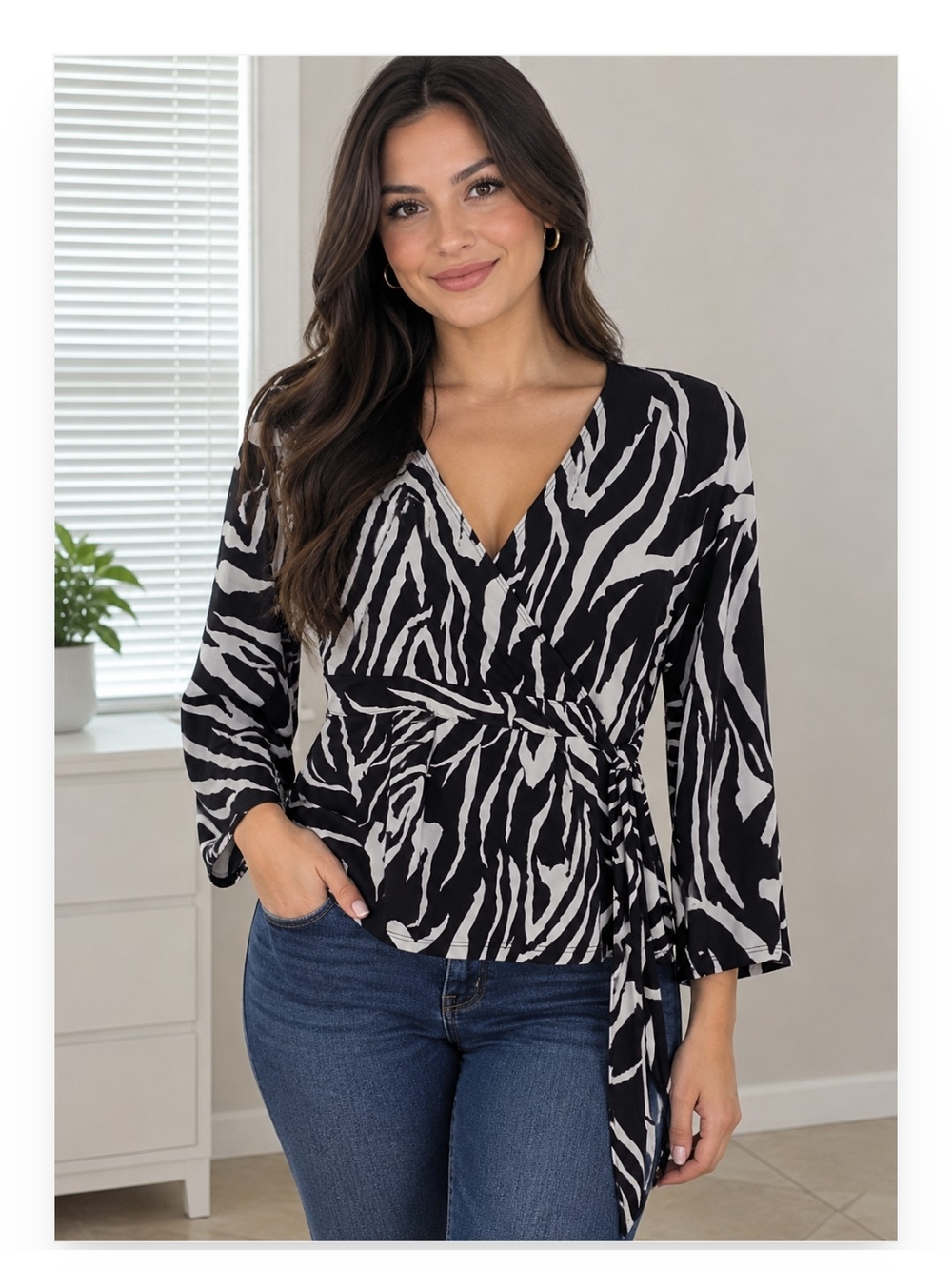 Women's Black & White Zebra Wrap Blouse - V-Neck Tie Front